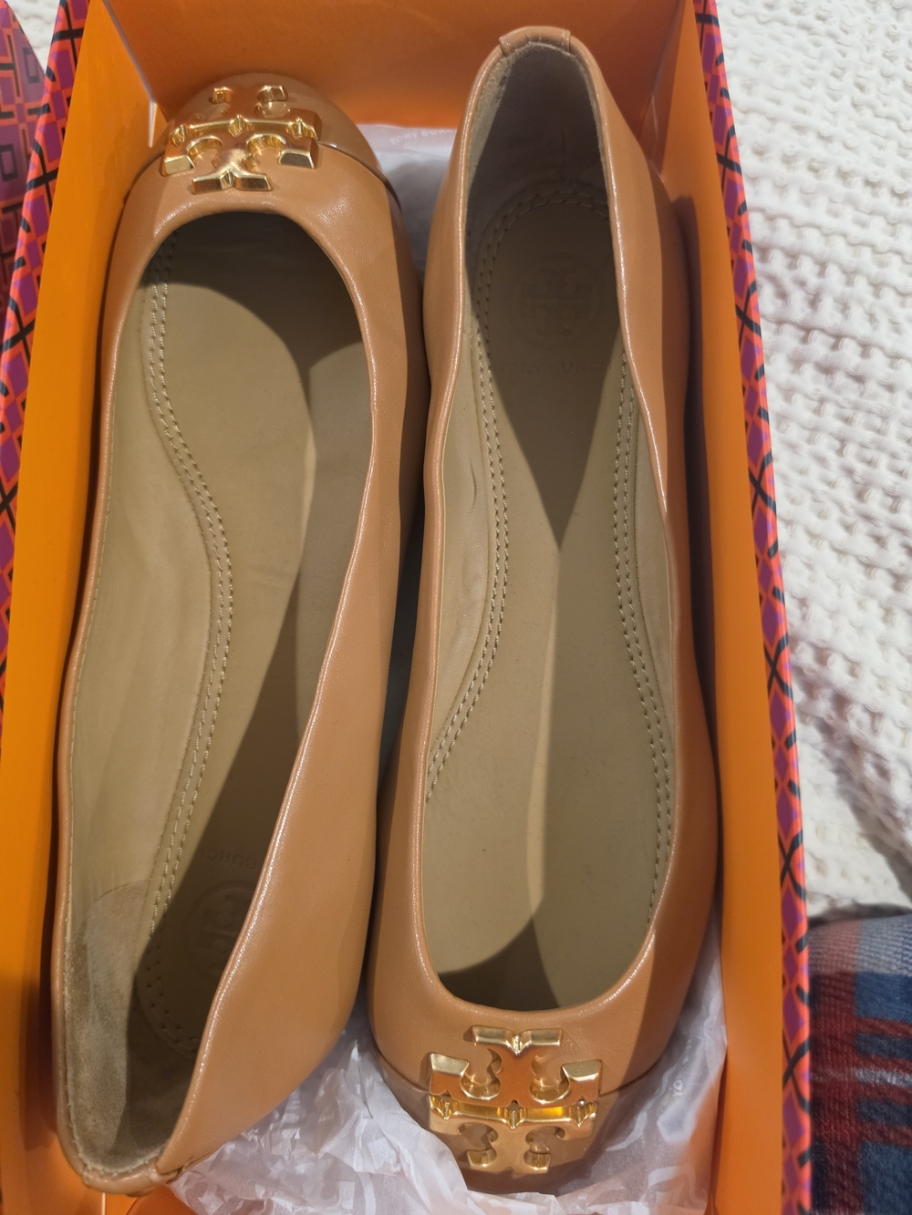 Tory Burch Tan Leather Logo Ballet Flats